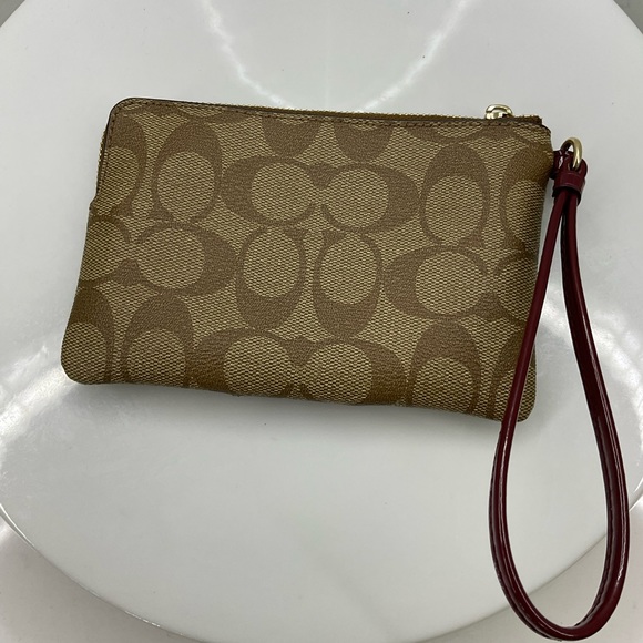 Coach Khaki/ Burgundy Signature PVC Leather Corner Zip Wallet Wristlet - Picture 3 of 6